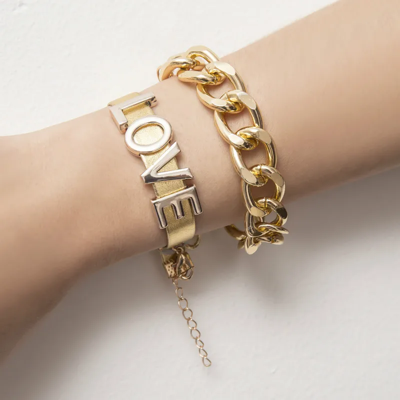 Хит продаж толстая цепочка любовные Браслеты с буквами набор из 2 предметов панк