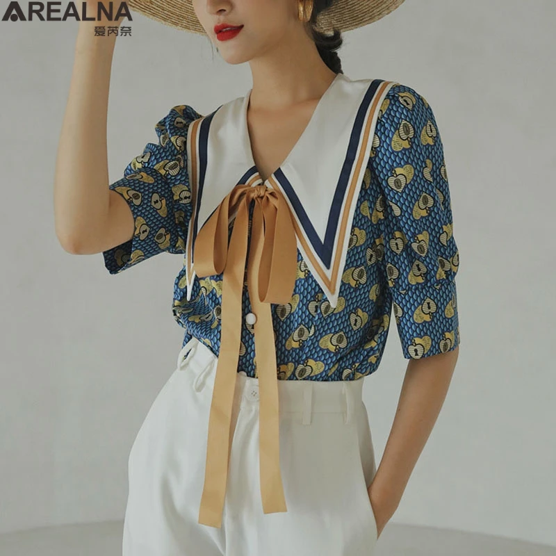

Винтажная летняя блузка, Женский Топ, синяя рубашка с пышными рукавами, свободный дизайнерский Дамский топ с завязкой, корейская модная жен...