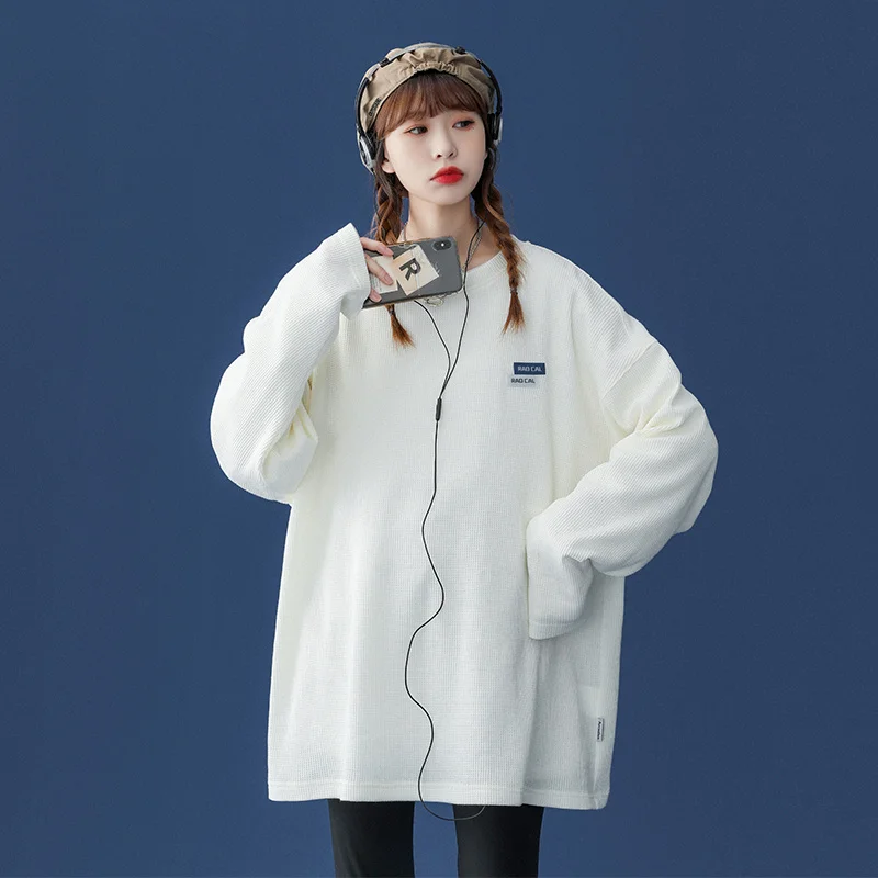 Вафельная футболка с длинным рукавом женская Свободная майка в Корейском стиле