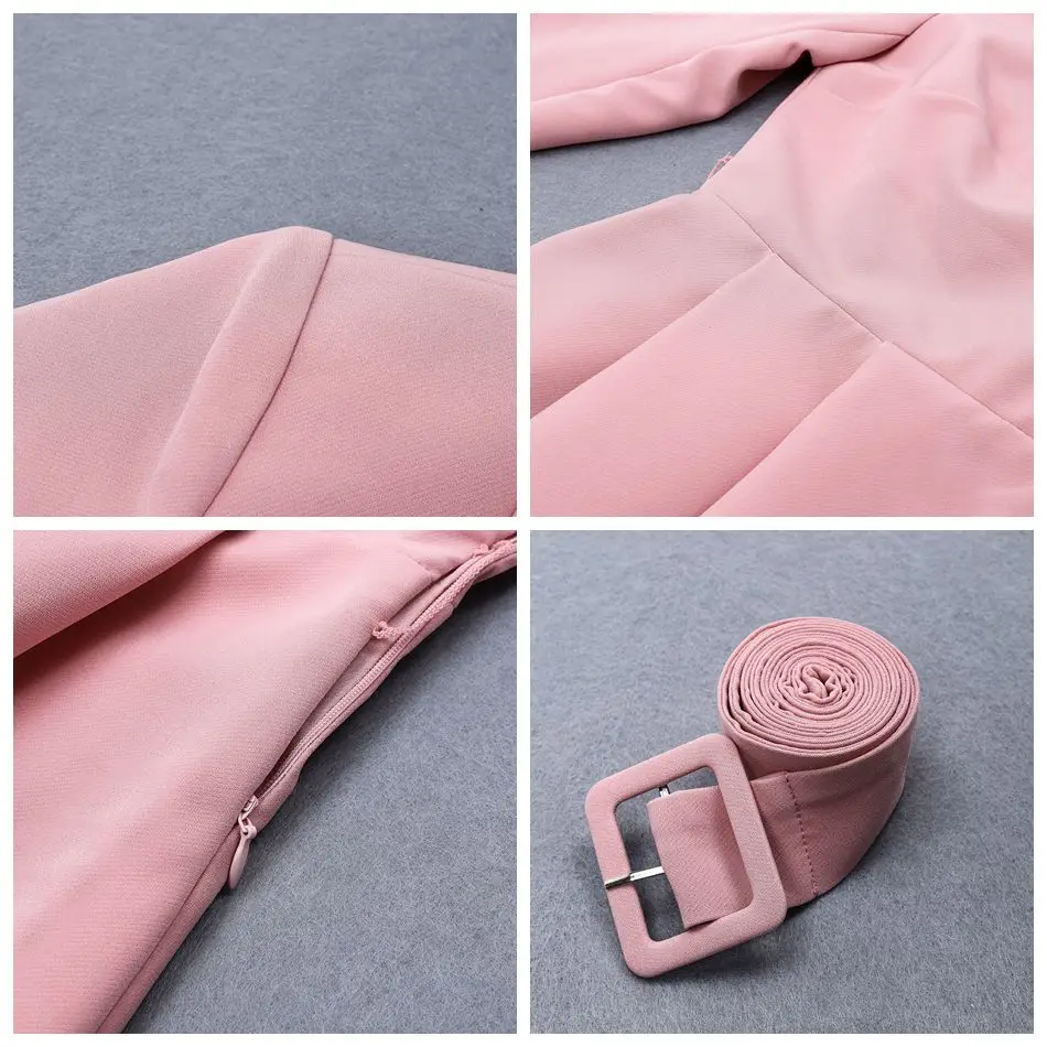 Женское платье с поясом и глубоким V образным вырезом розовое ТРАПЕЦИЕВИДНОЕ