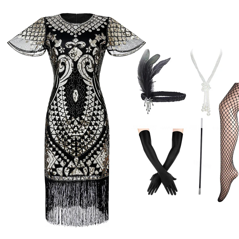 Women&#39;s 1920s Gatsby Inspired Sequin Beads Long Fringe Flapper Dress /Accessories Set
