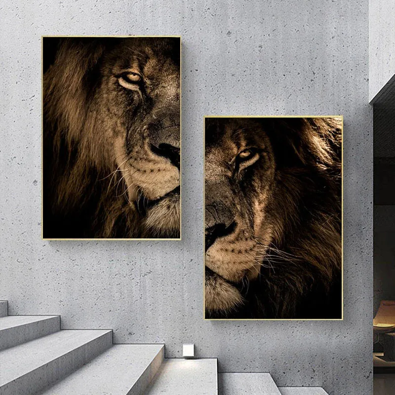 

African Lion &Lioness In The Dark Posters Modern Wild Animals Paintings Canvas Art Prints Wall Pictures Cuadros for Home Decor
