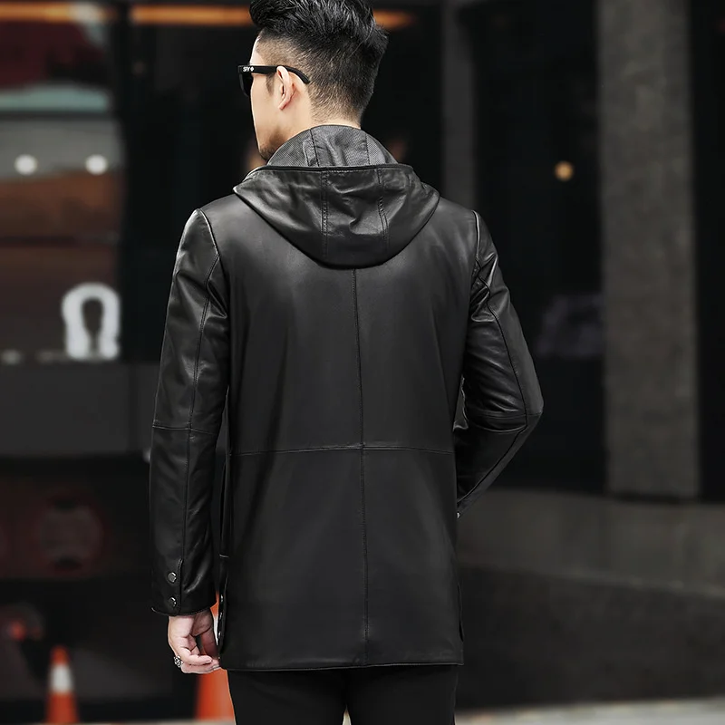

Autumn Brand Genuine Leather Long Jacket Mens Zip Hooded 100% Real Sheepskin Coat Winter Warm Down Jacket Male Casual Outerwear