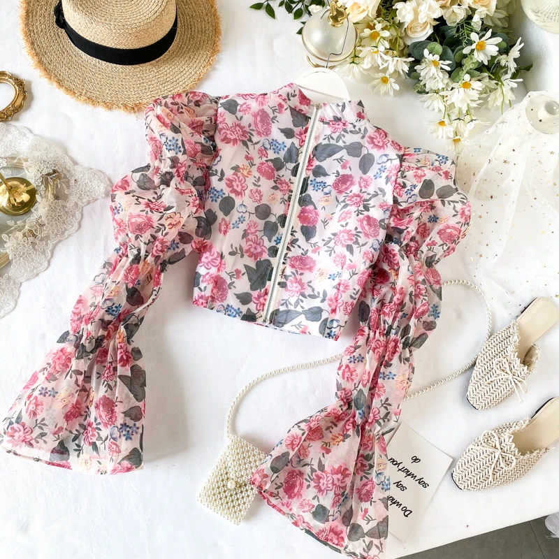 Женская блузка с длинным рукавом винтажная шифоновая цветочным принтом весна