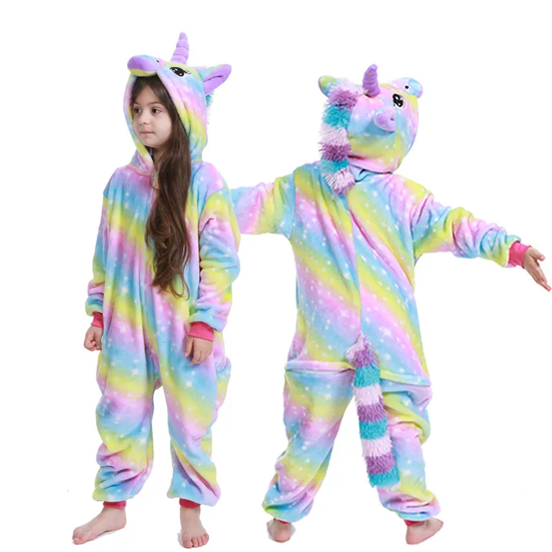 Rainbow Unicorn Детские пижамы кигуруми с единорогом для детей, фланелевые пижамы для мальчиков и девочек с изображением панды, зимний комбинезон для детей, пижамы с изображением единорога - Цвет: Rainbow Unicorn