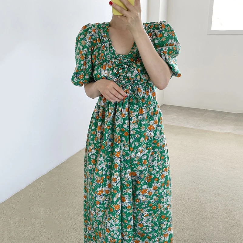 

Korejpaa Women Dress 2021 Summer Korean Fashion Chic Vintage Floral V Neck Pleated Draw String Waist Slim Long Print Dresses