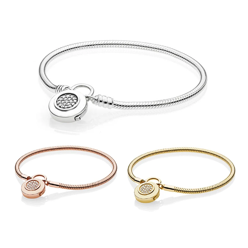 

925 Sterling Silver Bracelets for Women Clear CZ Crystal Signature Round Lock Clasp Snake Chain Charms Bracelets Women Jewelry
