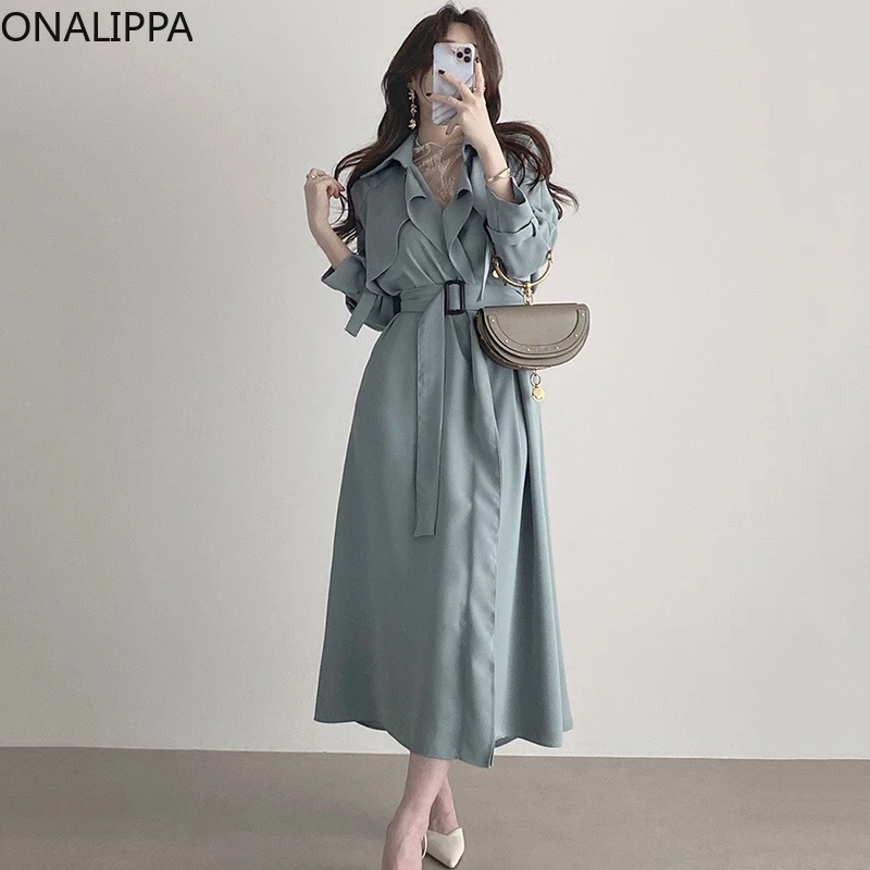 

Женское платье ONALIPPA сезона осень 2021 года, французское элегантное темпераментное платье с лацканами и пряжкой, на шнуровке, с длинным рукаво...