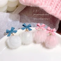 korean drop dangle earrings for women girls cute fluffy ball bow pom pom earring fall winter pink blue kawaii christmas jewelry