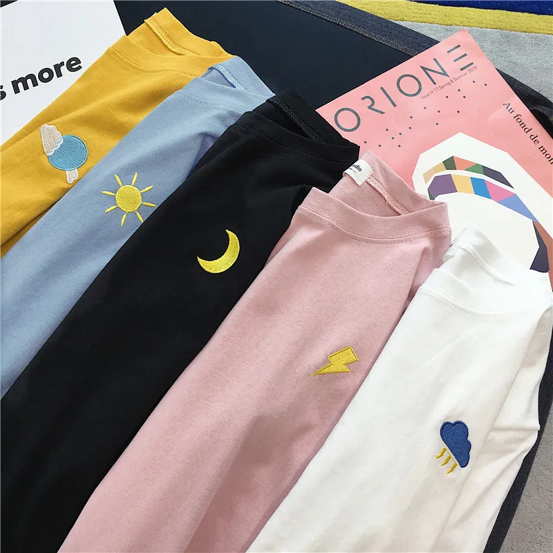 korean ulzzang Women T-shirts harajuku funny weather embroidery t shirt autumn long Sleeve casual loose Tshirt black white tops | Женская