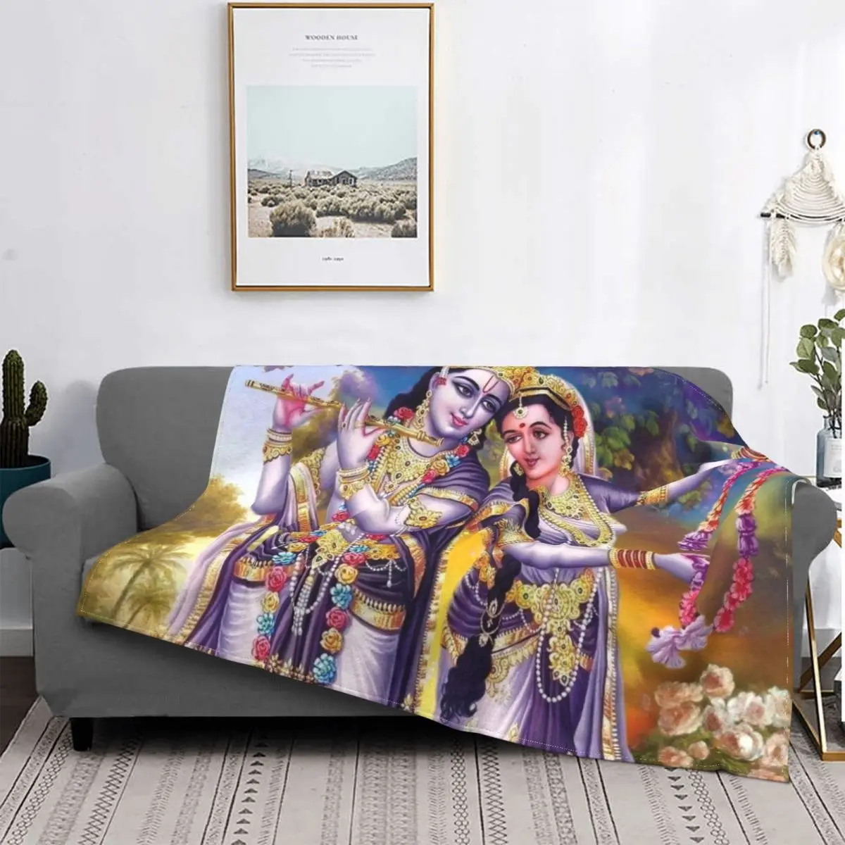 

Krishna Radha Hindu God Knitted Blanket Fleece Indian Religious Lightweight Throw Blankets for Car Sofa Couch Bed Rug