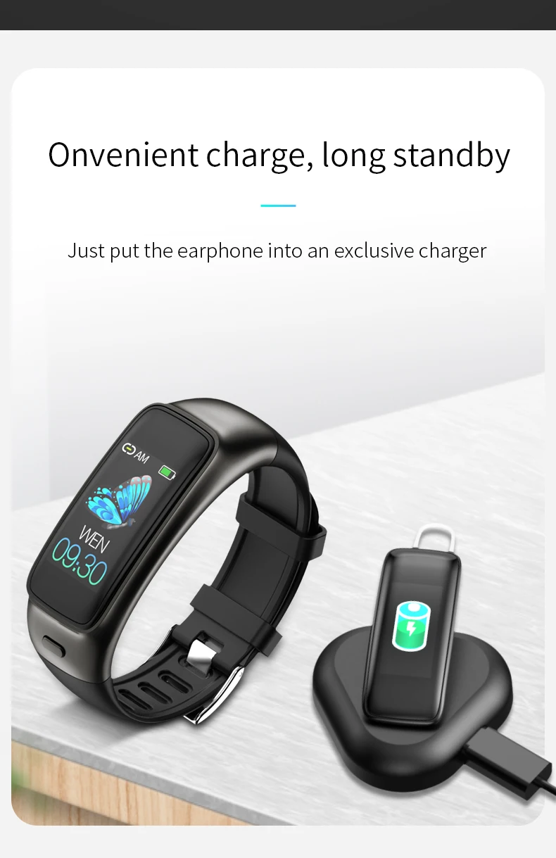 TB02 Bluetooth наушники умный браслет 2 в 1 шумоподавление с микрофоном 0,9" пульсометр кровяное давление смарт-браслет музыкальные гарнитуры