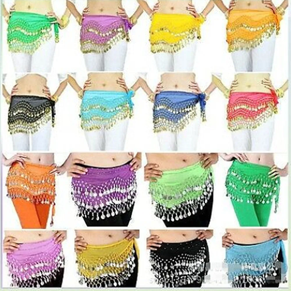 Женский набедренный платок для танца живота золотистый или серебристый 3 ряда YF043