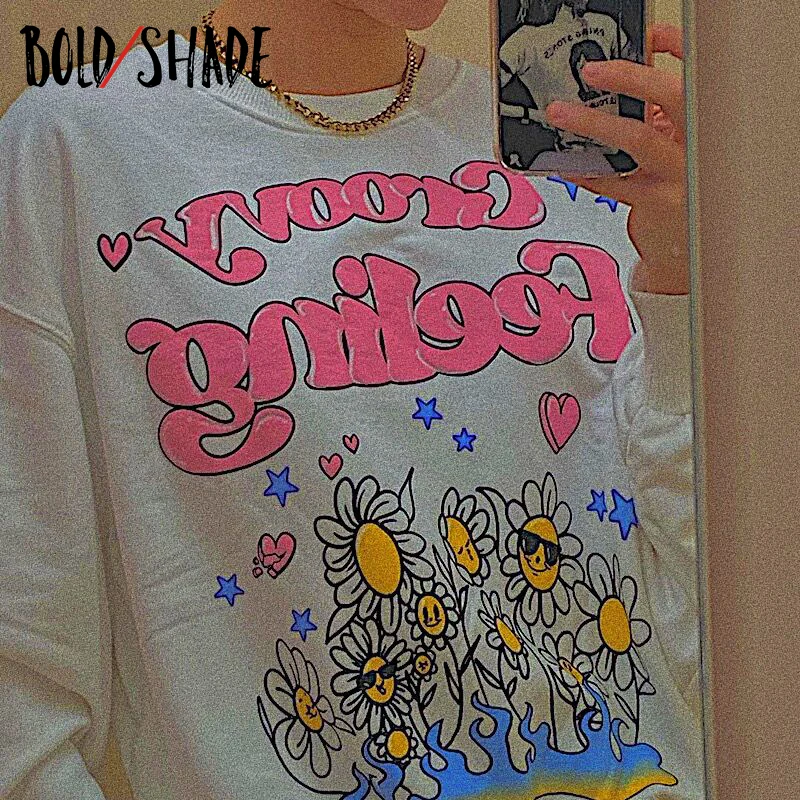

Bold Shade Y2K Aesthetics Letter Floral Print Sweatshirt Crewneck Long Sleeve Casual Sporty Hoodies Loose Indie Clothes 2021