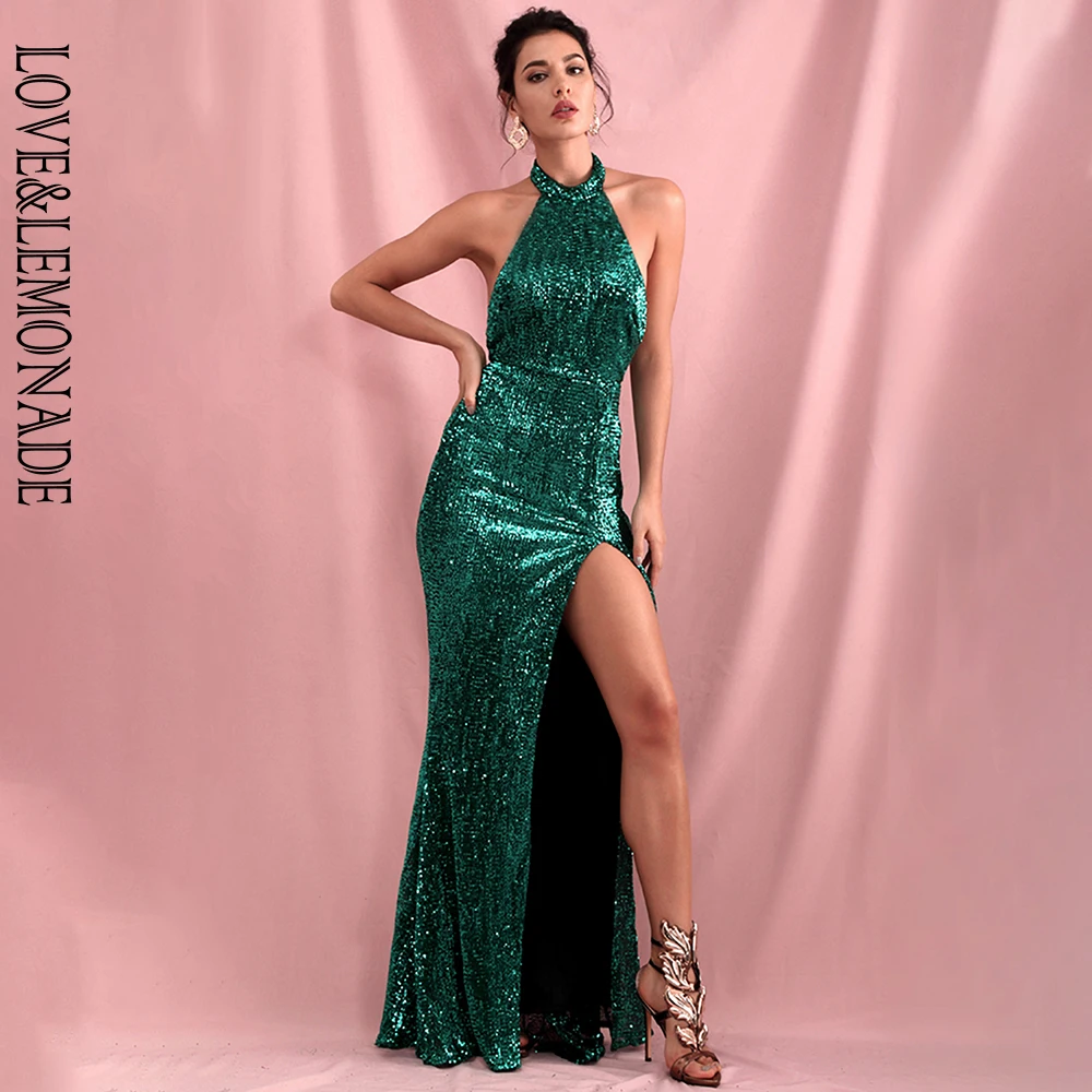 Женское платье макси LOVE & LEMONADE зеленое облегающее с открытой спиной и блестками