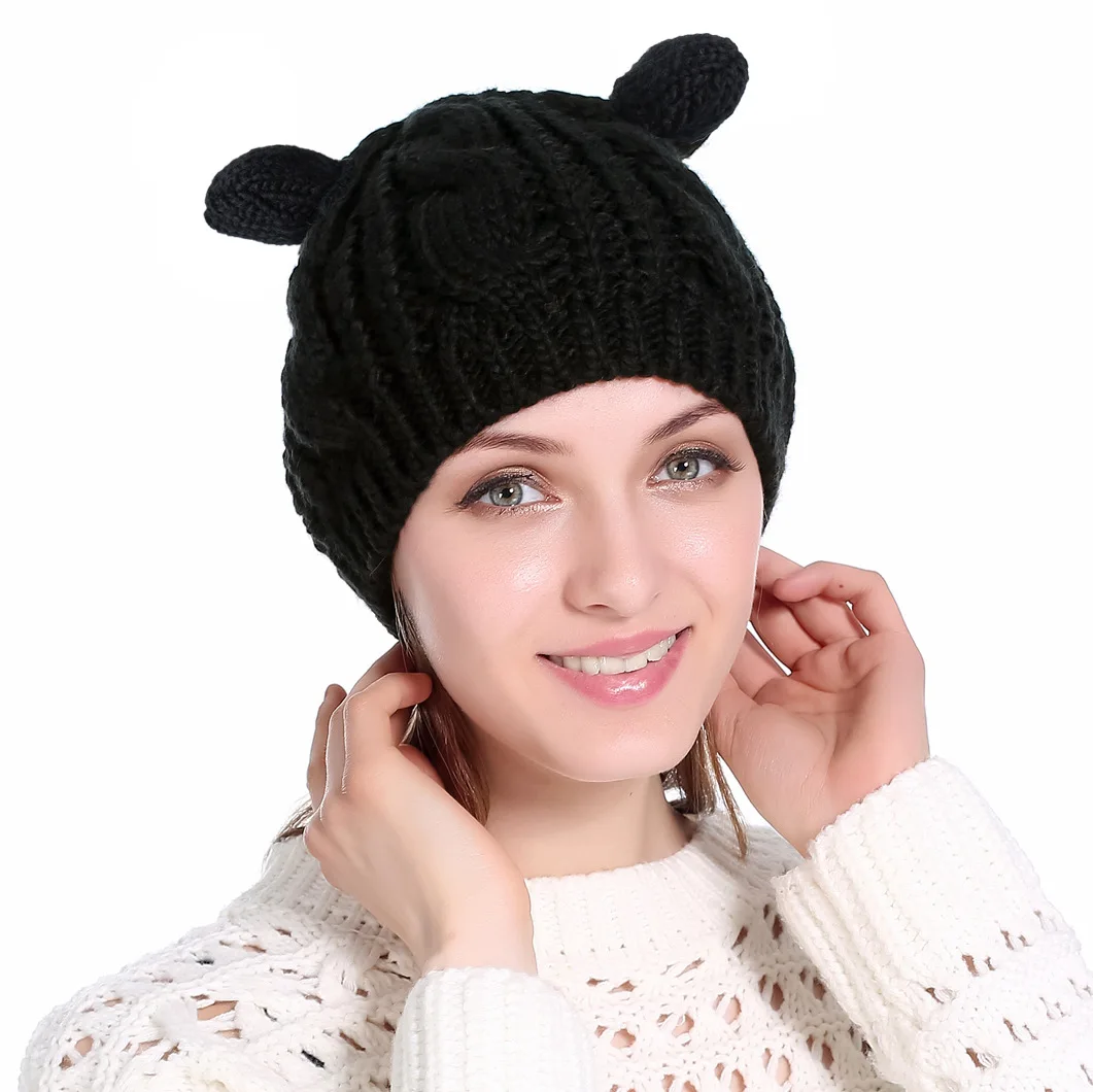 

2021 New Knit Dog Ear Hat for Women Knitting Crochet Handmade Warmer Beanie Cap Czapka Szalik Dziewczynka