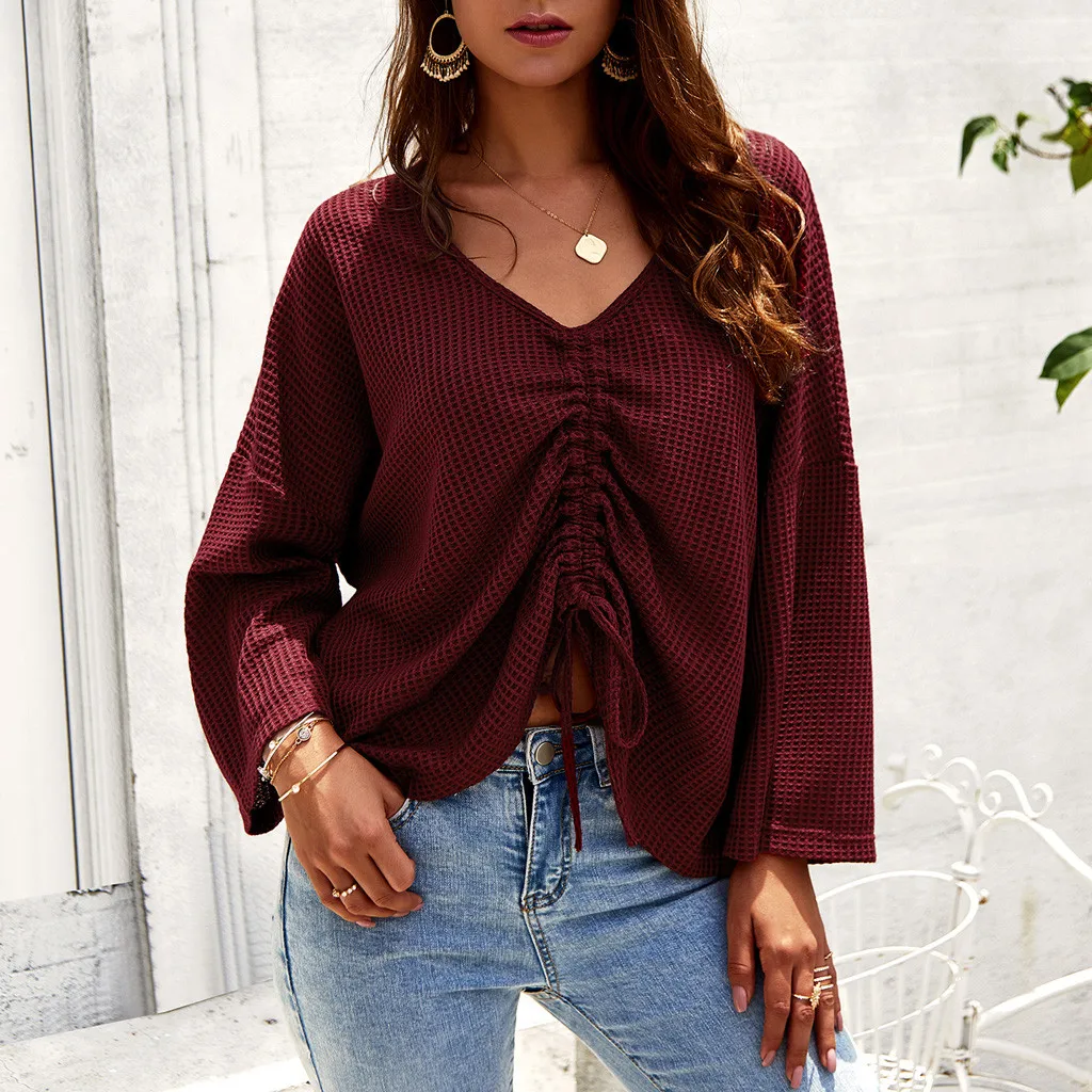 

Fashion Slim Femme Elasticity Pullovers Women Fashion Solid Ruffled Bow Long Sleeve V-Neck Casual Top Shirts Blouse#15