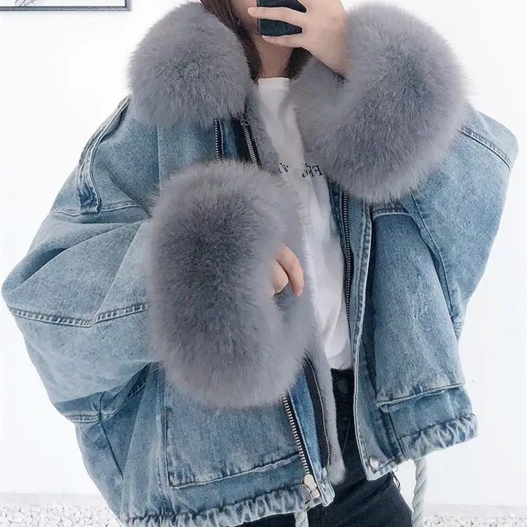 Женская зимняя Толстая джинсовая куртка теплая с отложным воротником меховым