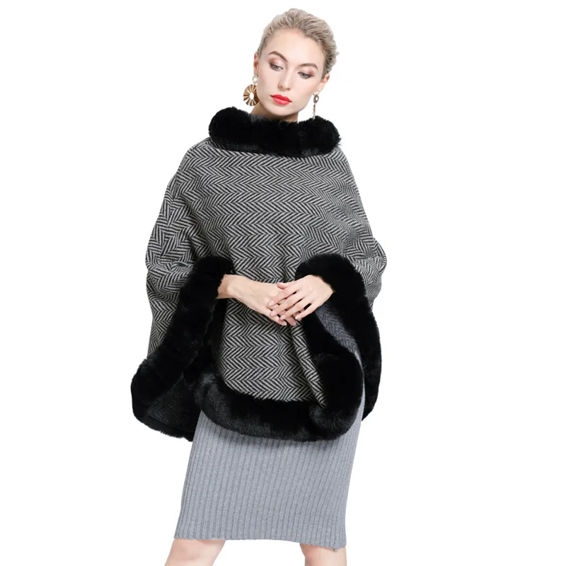

SWONOC faux fur cloak women winter warm pullover ponchos coat 2020 new capes for womens stripe fashion winter coats fur