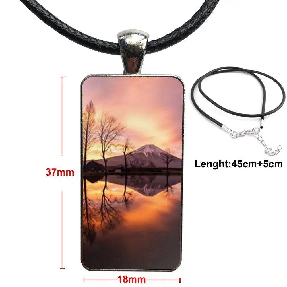 

For Women Men Cherry Blossoms Mount Fuji Japan Steel Color Glass Cabochon With Rectangle Shaped Pendant Choker Necklace
