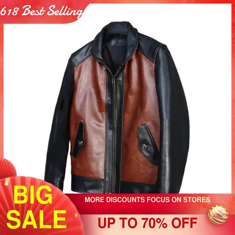 

2021 Brown Casual Style Genuine Leather Jacket Men Large Size 4XL Real Natural Cowhide Spring Slim Fit Spliced Coat