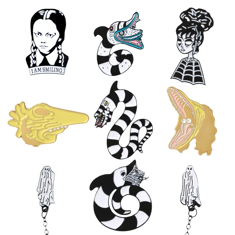 

Snake Adam And Barbara enamel pin White ghost Campus style girl lapel pin badge Shirt bag jewelry Horror movie brooch gifts