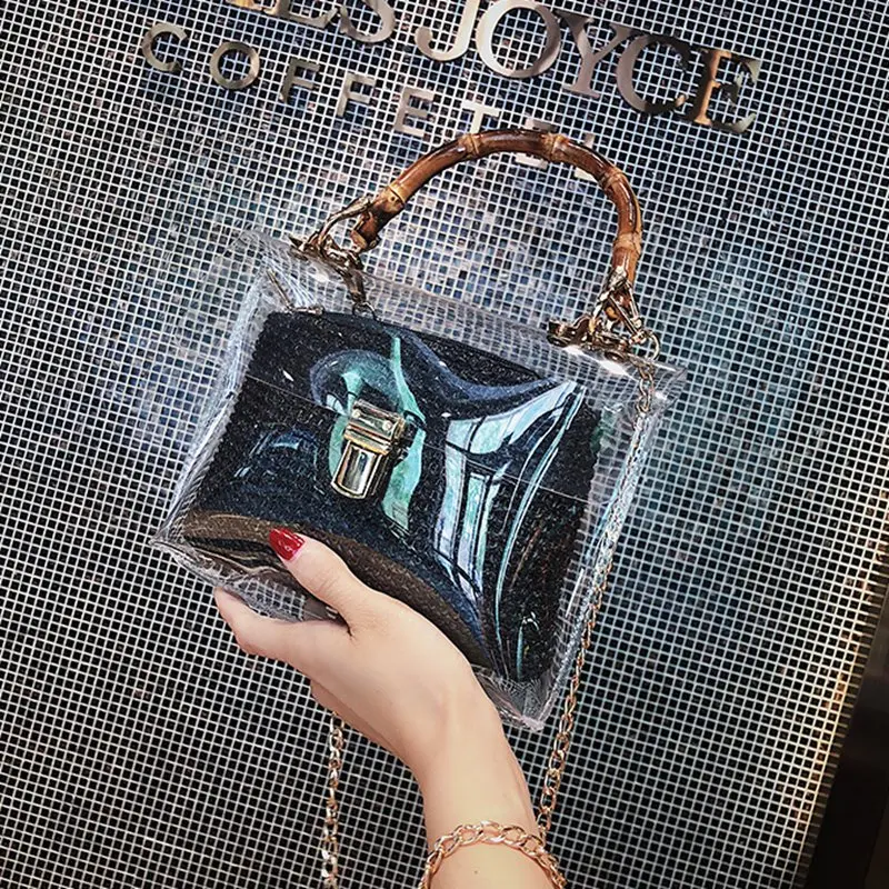 Прозрачная женская сумка с бамбуковой ручкой летняя маленькая Соломенная