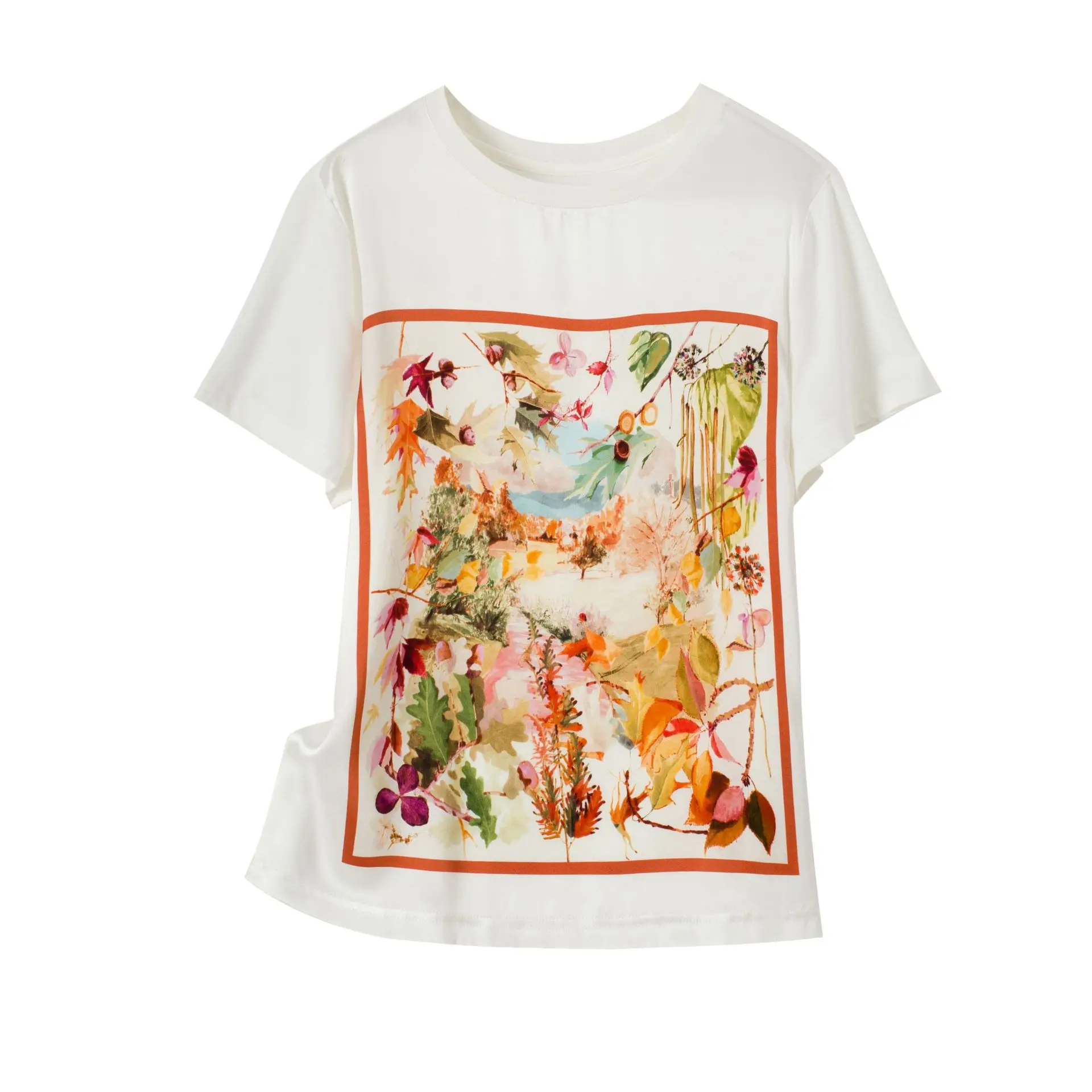 

100% Natural Silk T Shirt Women 2021 Loose Casual Floral Printed T-shirts Summer Short Sleeve Tops Mujer