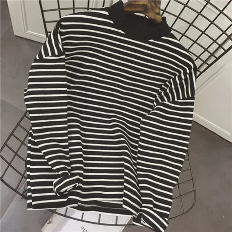 2020 spring autumn Women t shirt Harajuku Simple stripes tshirt long sleeve Turtle neck slim T-Shirts Femme black white Top Tees | Женская
