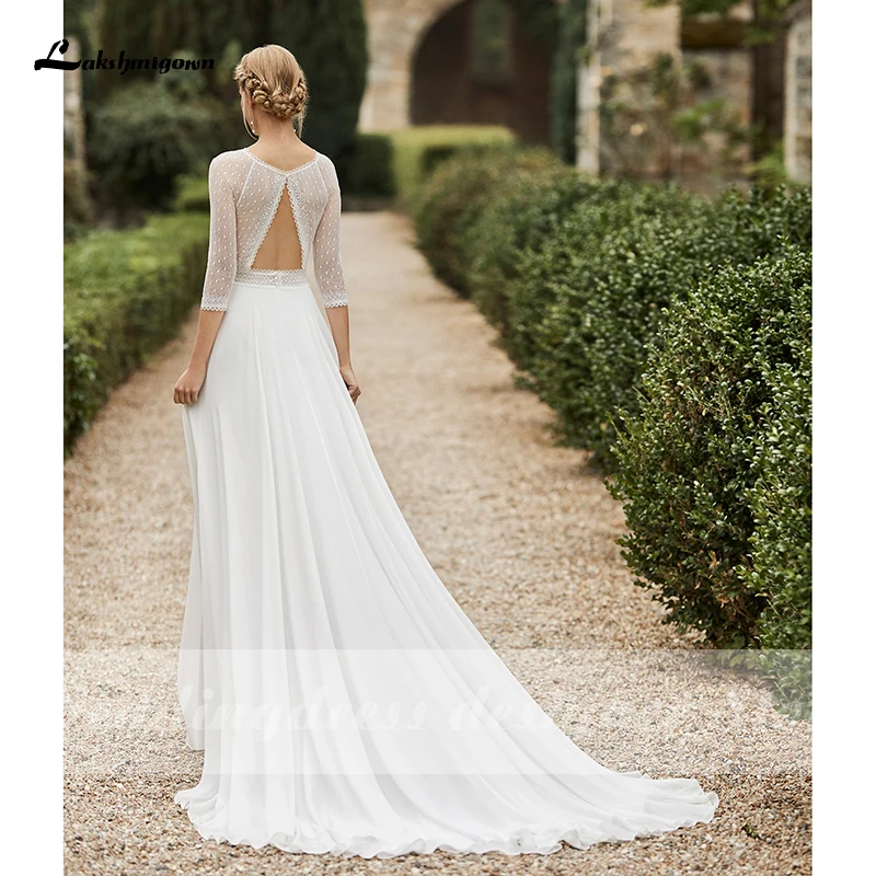 

2021 Simple Chiffon Wedding Dresses with Illusion Sleeve vestido de novia Boho A-line Bridal Gown Robe De Mariee Custom Made