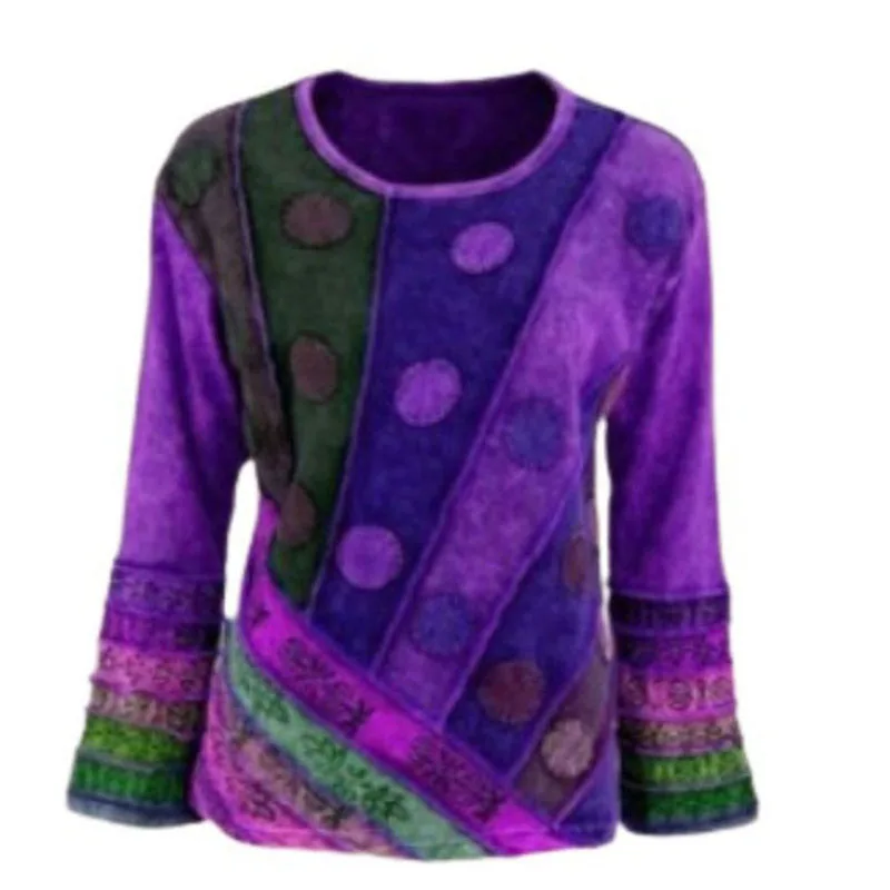 

2021 Elegant Women Autumn Pullover Tops Retro Flare Long Sleeve Loose Blouse Shirt Casual O Neck Polka Dot Print Patchwork Blusa