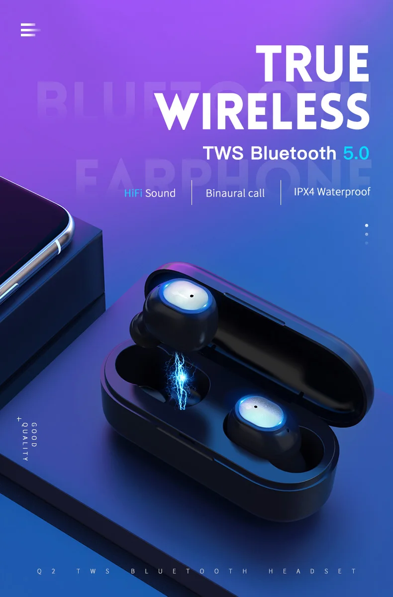 Q2 TWS Наушники Беспроводные Мини Bluetooth 5,0 Handsfree спортивные наушники игровая гарнитура HiFi с быстрой зарядкой чехол для смартфона