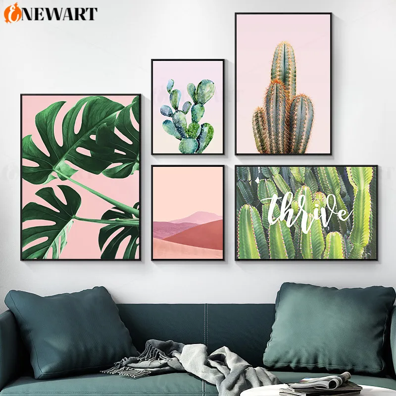 Кактус пейзаж Постер и печать в гостиной розовая фотография тропический холст
