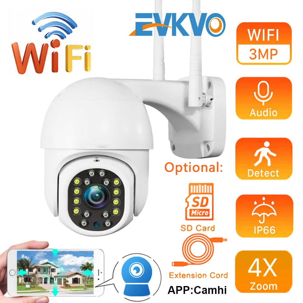 

IP-камера EVKVO, 3 Мп, Wi-Fi, PTZ, 4-кратный зум, водонепроницаемая