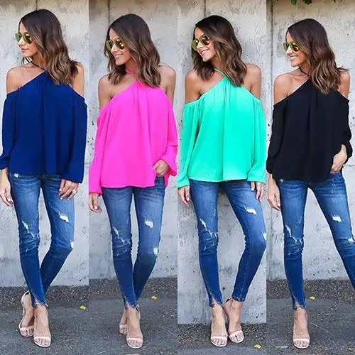 Женская летняя сексуальная шифоновая блузка с открытыми плечами и длинным