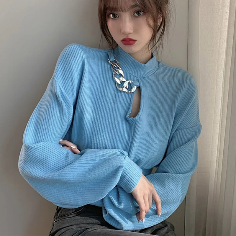 

2021 new Spring Short Sweater Women Long Sleeve sexy Hollow Out Chain Decoration Pullover Knit Cropped Top Turtleneck pull femme
