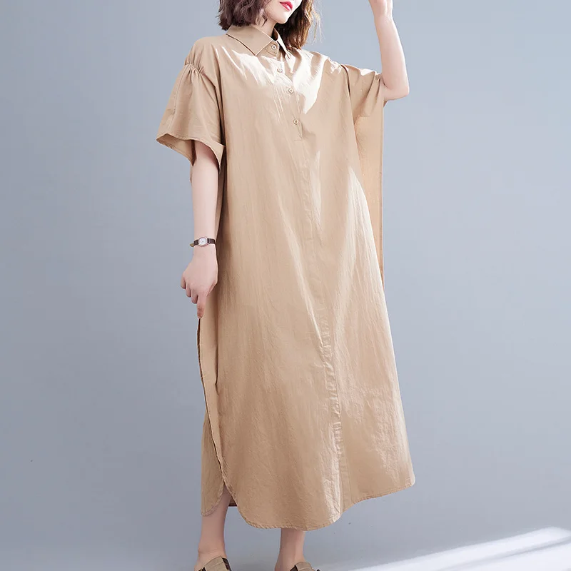 

Женское винтажное Хлопковое платье-рубашка, повседневное однотонное льняное платье большого размера с рукавом «летучая мышь» и отложным в...