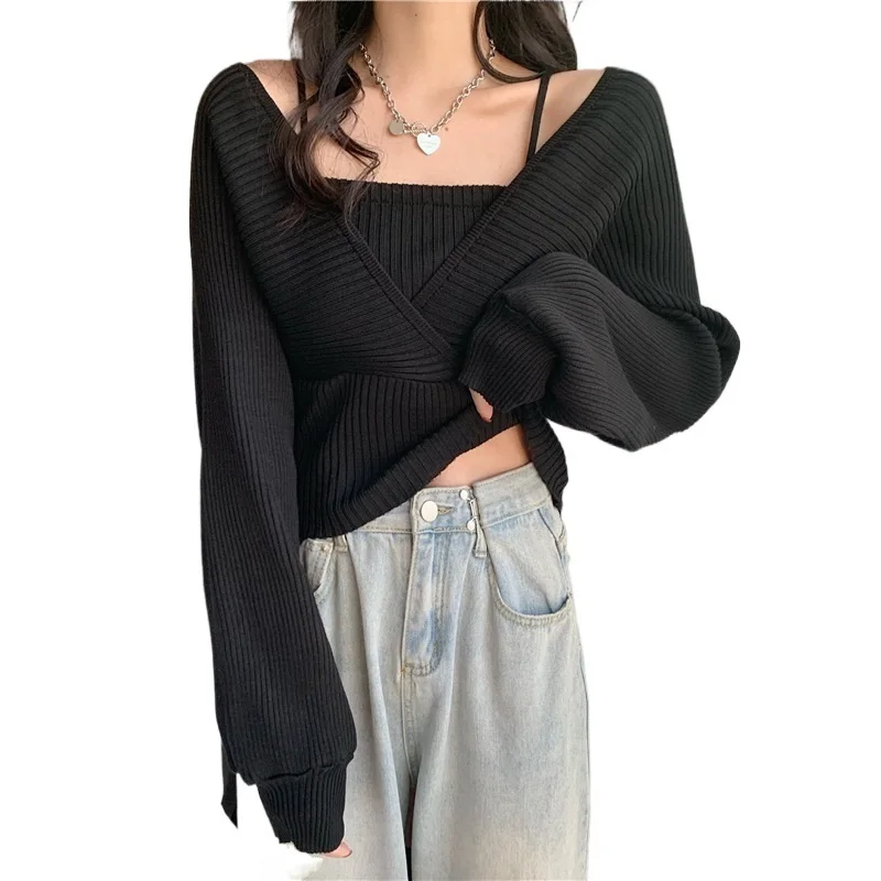 

Новый вязаный свитер с квадратными рукавами Женский Осенний дизайнерский небольшой короткий топ из двух частей