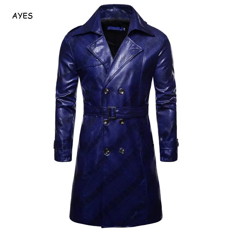 

2020 Men Fashion PU Leather Long Overcoat Long Trench CoatAutumn Winter British Double Breasted Slim Fit Male Coat Trench 3xl