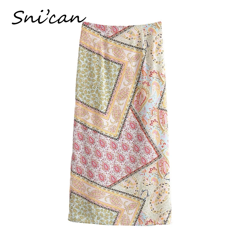 Юбка-миди Асимметричная составного кроя с узлами высокой талией и Пейсли-принтом