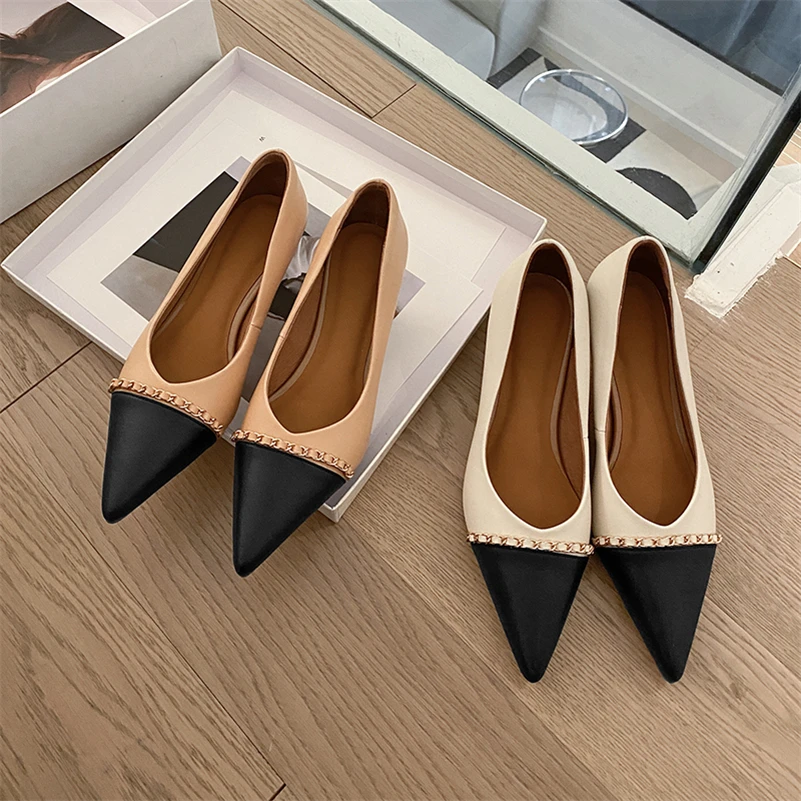 

ANNYMOLI Spring 2022 Thick Heels Pumps Women Pointed Toe Genuine Leather Shoes Chain High Heel Ladies Footwear Beige Beige 40