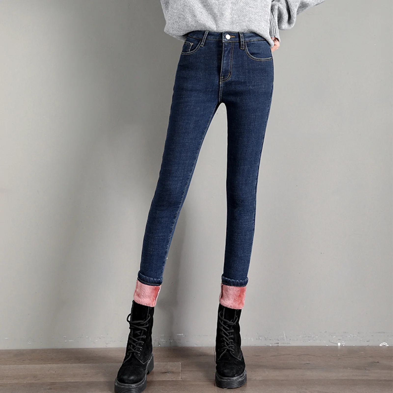 

Women's Fleece Lined Jeans Warm Stretchy Skinny Pants High Waist Trousers XRQ88