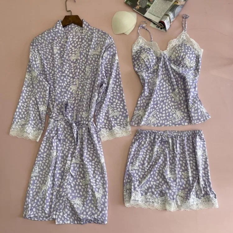 

3PCS Sleep Set Print Polka Dot Satin Pajamas Women Sleepwear Pyjamas Loose Home Wear Sexy Kimono Robe Gown Intimate Lingeire