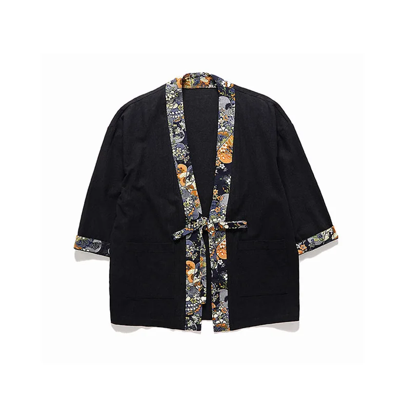 

New Japanese Kimono Men Printing Macrame Cardigan Samurai Haori Linen Vintage Loose Harajuku Folk Costume Autumn Streetwear