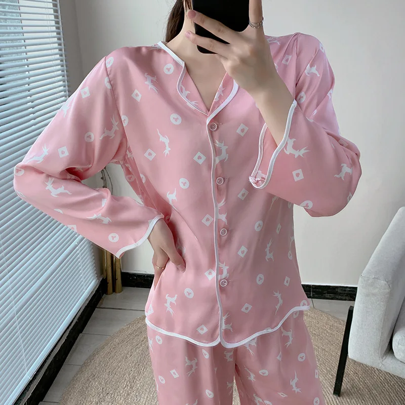 

Pijama Femme Satin Loungewear Spring Summer Nuisette Femme Sexy Nightwear Cool Pyama Woman Set Silk Pajamas Women Homewear Set
