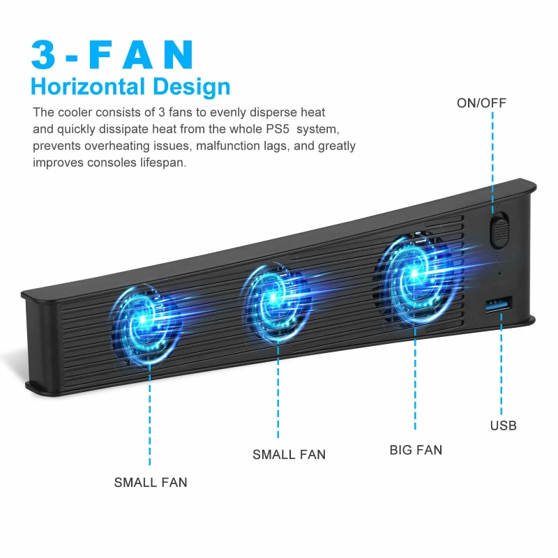 

For PS5 Cooling Fan USB Cooler with 3 Cooling Fans for SONY PlayStation 5 / 5 Digital Edition Game Console Accessories For PS5