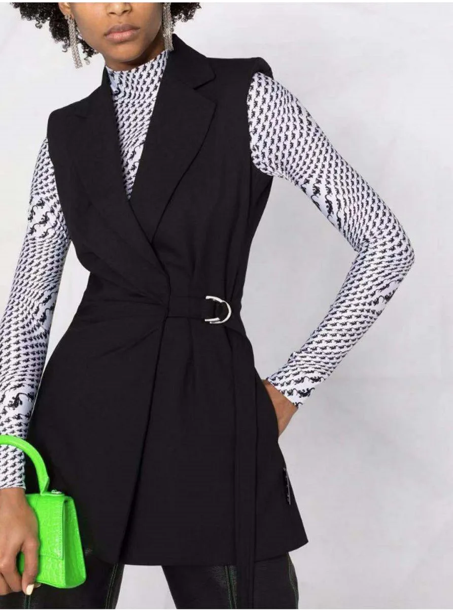 

2021 early autumn new women's European and American style lapel sleeveless waist buckle solid color vest jacket women's
