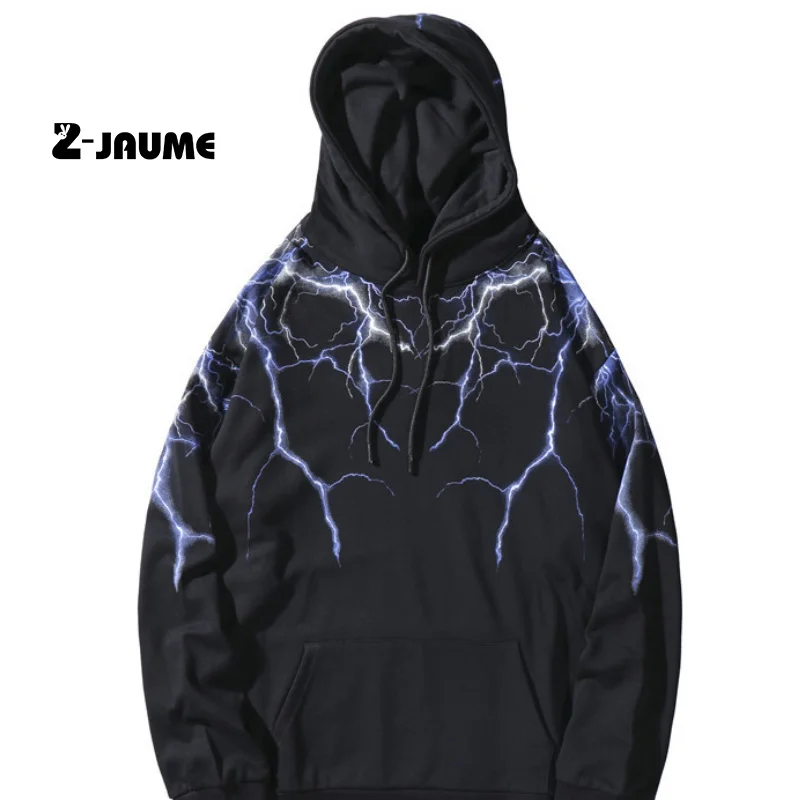 

Hip Hop Lightning Hoodie Sweatshirt Men Harajuku Streetwear Hooded Pullover Cotton Autumn 2020 Loose Hoodie HipHop Hipster Black