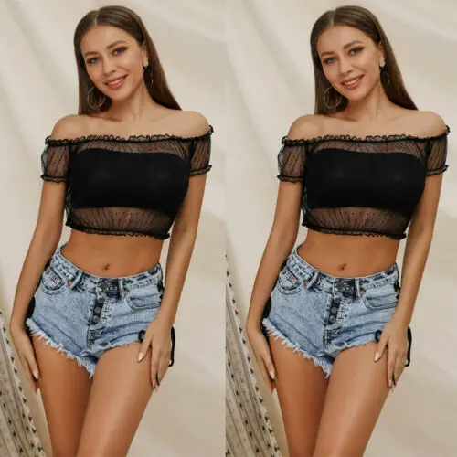 Модный женский летний кружевной сексуальный укороченный топ с открытыми плечами