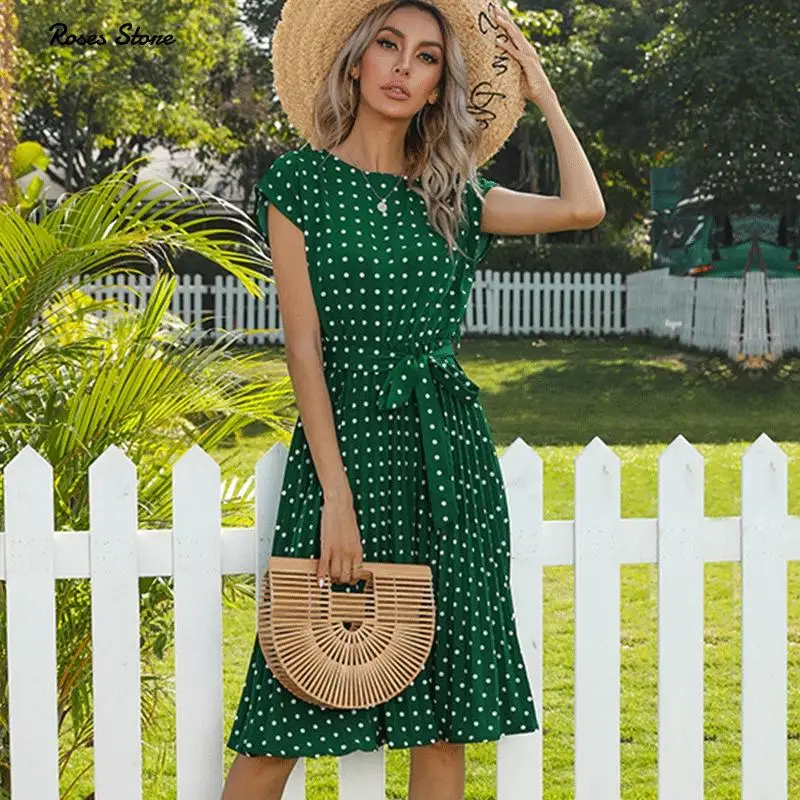 2021 New Summer Polka Dots Sleeveless Pleated Dresses For Women High Waist Midi Elegant Office Green Lady Dinner Party Clothes | Женская